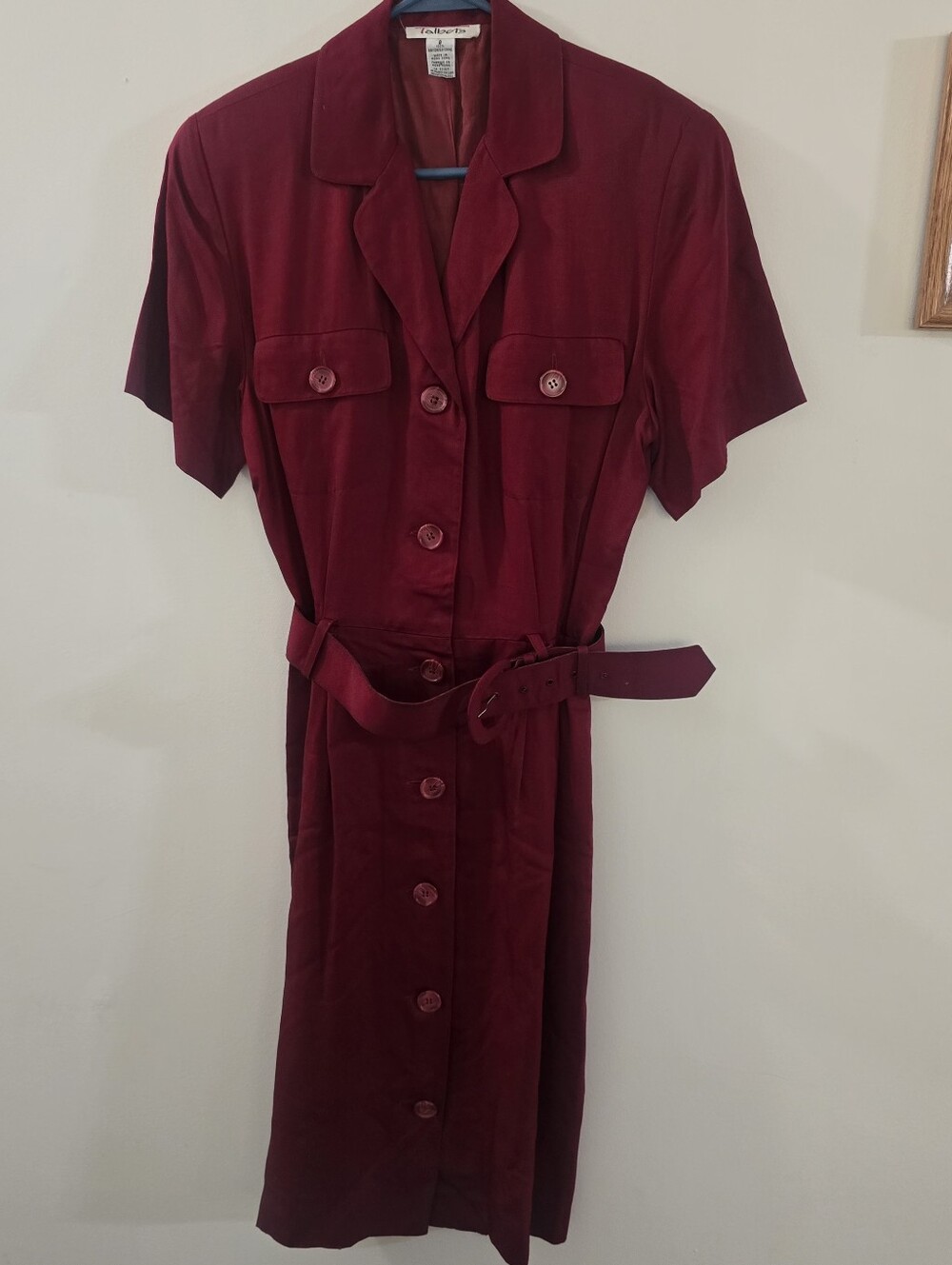 Talnots Size 8 Button Down And Belted Burgandy Dress Front Top And Lower Pockets